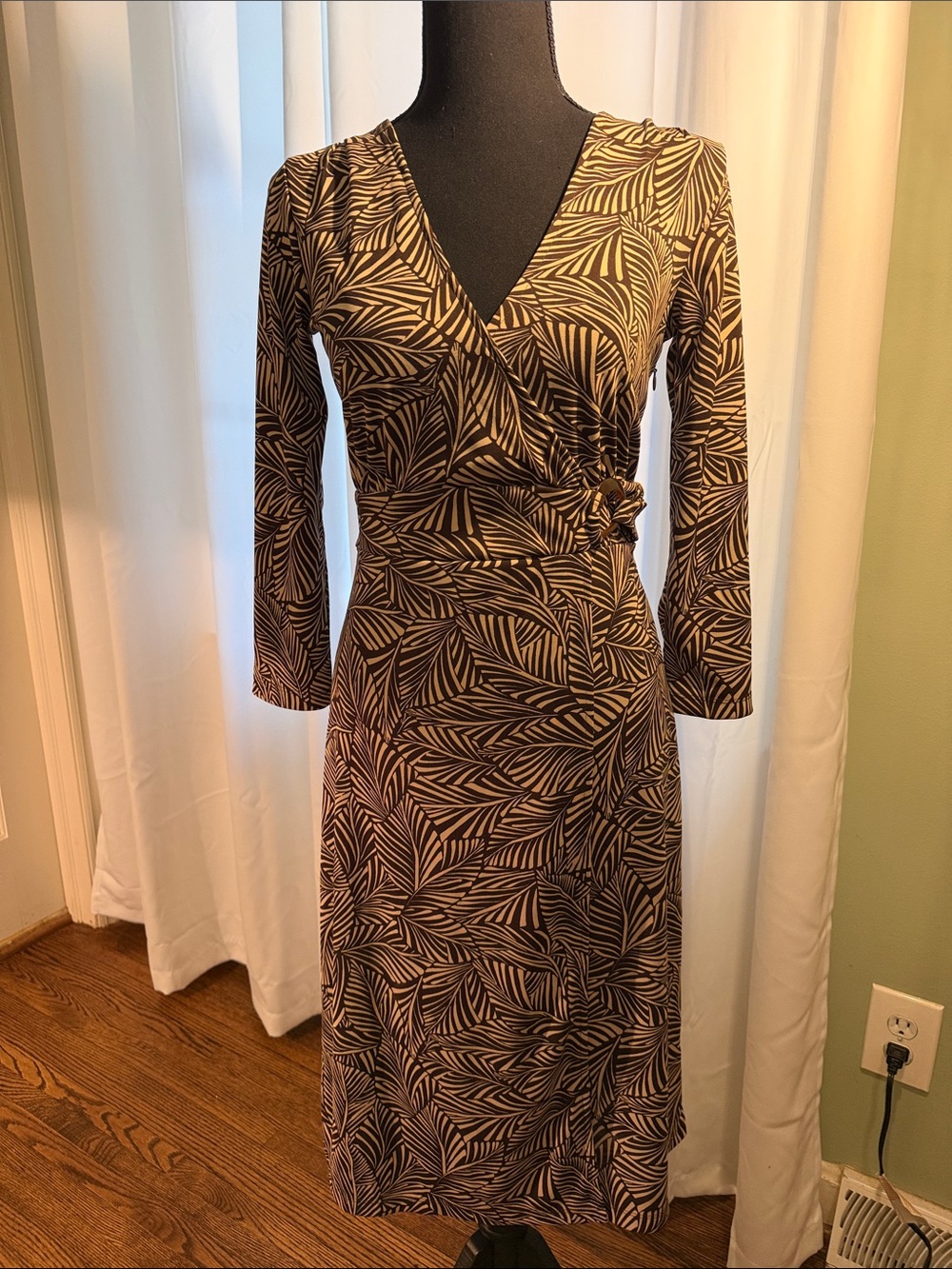 Sigrid Olsen Brown and Cream Leaf-Print Long Sleeve Wrap Dress